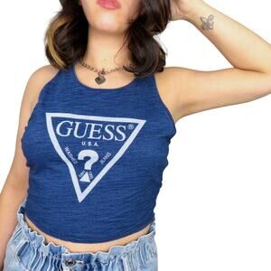 GUESS Y2k Blue Cropped Graphic Logo Tank Top Medium